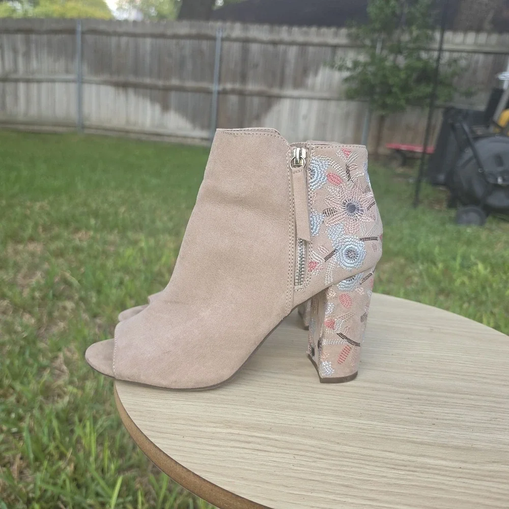 Beige Faux Suede Floral Embroidered Open Toe Block Heel Ankle Booties